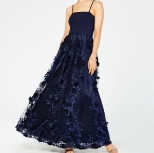 TRIXXI Womens Navy Sheer Floral Spaghetti Strap Square Neck Full-Length …